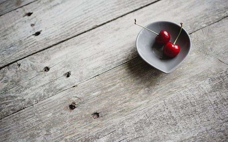 bowls, fruit, wooden surface, cherries (food), HD wallpaper