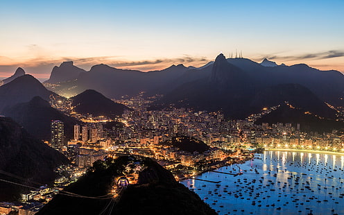 Рио-де-Жанейро, аэрофотосъемка городской застройки, Бразилия, город, ночь, огни, HD обои HD wallpaper