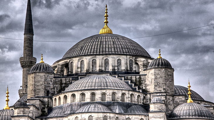 イスタンブールのスルタンアーメドモスクHdr、金、ミナレット、モスク、雲、自然と風景、 HDデスクトップの壁紙