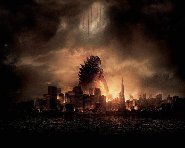 Godzilla Digital wallpaper, Dark, City, Action, Red, Fantasy, Fire, Legendary Pictures, Sun, Water, Line, Wallpaper, Dym, Godzilla, Cloud, Movie, Film, 2014, Adventure, Sci-Fi, Sci-Fi, Aaron Taylor- Johnson, Soldiers, Warner Bros. Pictures, Fly, Giant Monster, Tapety HD