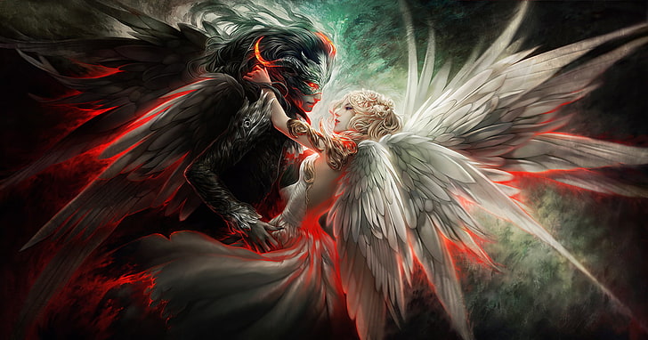 ангел и демон иллюстрация, крылья, дьявол, ангел, танец, HD обои