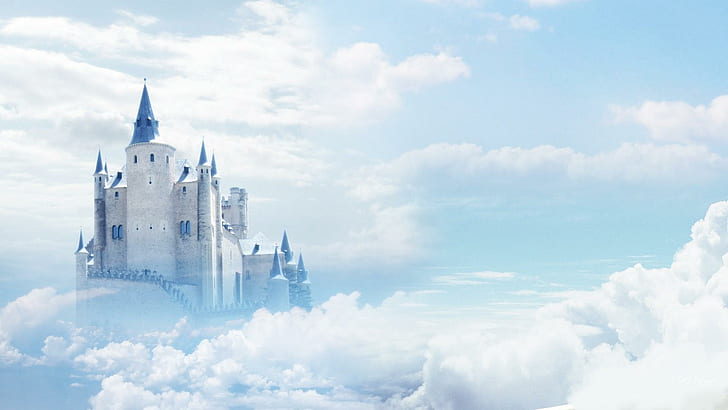 Castle In The Sky, castle, magical, fantasy, imagination, blue, fairy tale, clouds, nature and landscapes, HD wallpaper