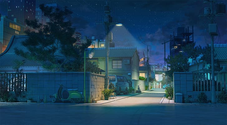 Япония, аниме, облака, улица, мотоциклист, ночь, дом, деревья, небо, растения, уличный фонарь, HD обои