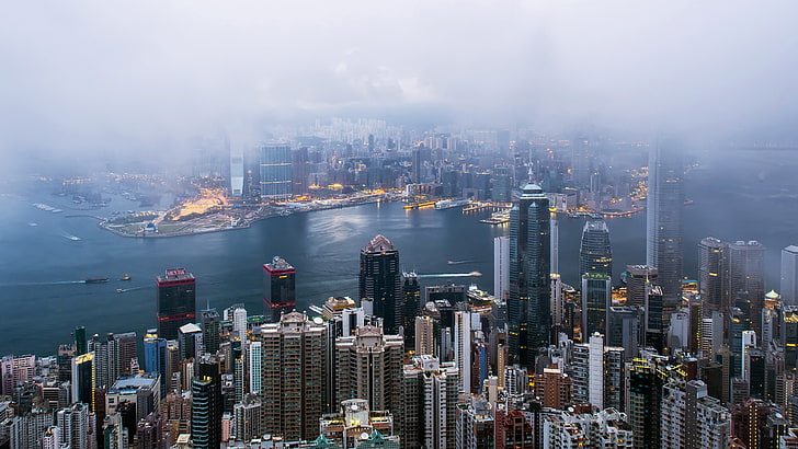 paisagem urbana, névoa, Hong Kong, HD papel de parede