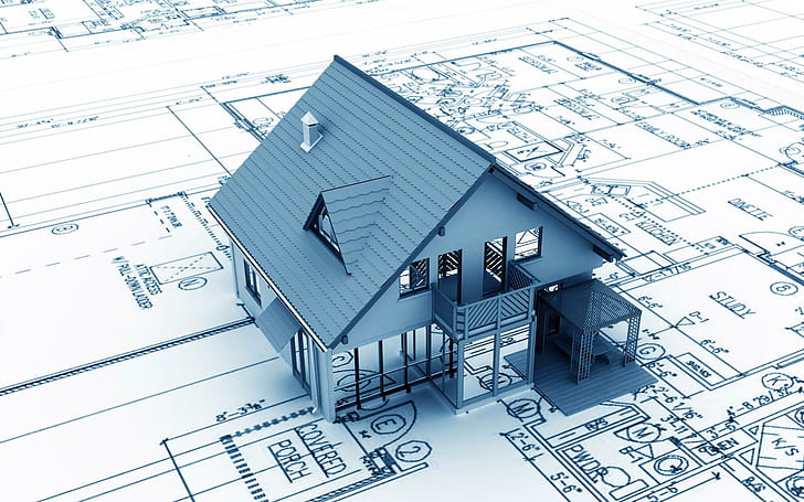 Дом масштабная модель на его чертеже, белый деревянный дом мини фигура, 3d, 1920x1200, дом, модель, план, HD обои