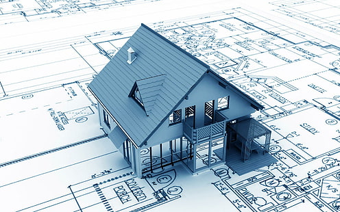Дом масштабная модель на его чертеже, белый деревянный дом мини фигура, 3d, 1920x1200, дом, модель, план, HD обои HD wallpaper