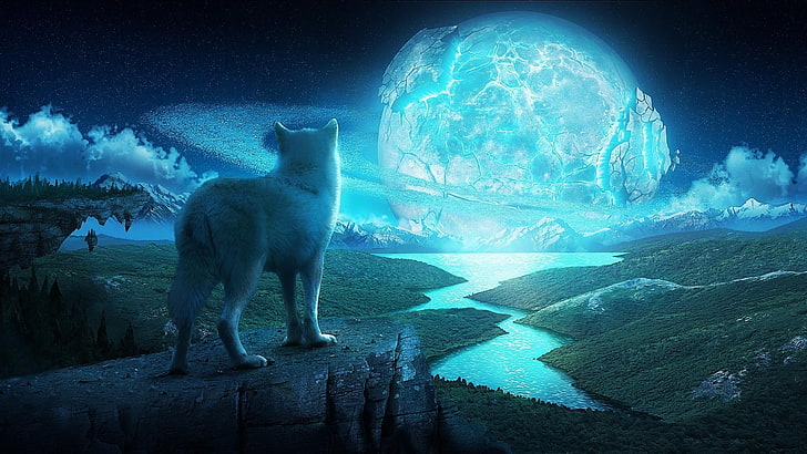 sztuka fantastyczna, wilk, księżyc, krajobraz, wyobraźnia, noc, Tapety HD