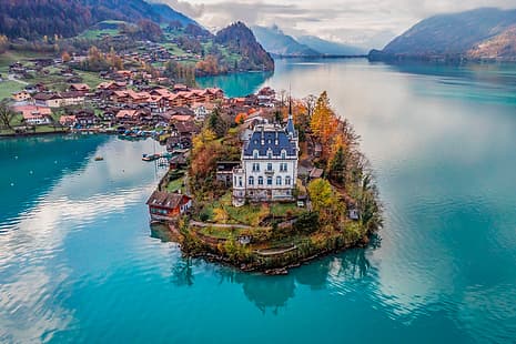 Montagne, lago, castello, casa, Svizzera, villaggio, Lago di Brienz, la penisola, Oberland bernese, Iseltwald, Sfondo HD HD wallpaper
