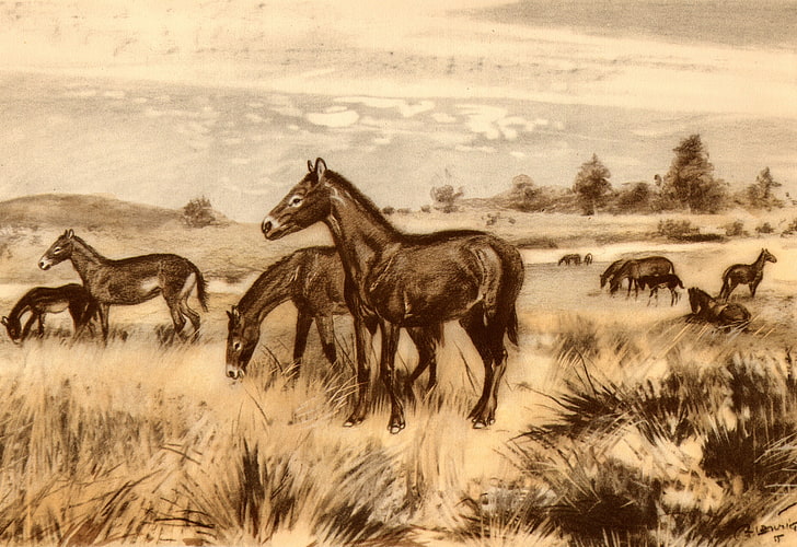 pinturas ilustrações cavalos zdenek pré-histórico antigo burian 3624x2490 Animais Cavalos HD Art, ilustrações, pinturas, HD papel de parede
