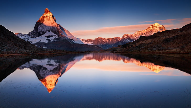 zbiornik wodny, krajobraz, przyroda, jezioro, odbicie, Matterhorn, zaśnieżony szczyt, Alpy, Tapety HD