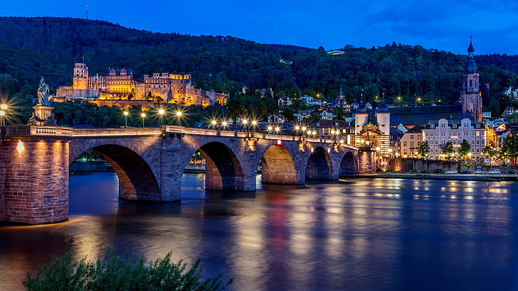 Heidelberg, Tyskland, Europa, bro, gammal bro, stenbro, flod, Neckar River, Neckar, Old Bridge Heidelberg, Heidelberg Bridge, HD tapet