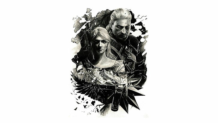 pintura em preto e branco de flores, Ciri, Geralt de Rivia, The Witcher, The Witcher 3: Wild Hunt, fundo simples, monocromático, HD papel de parede