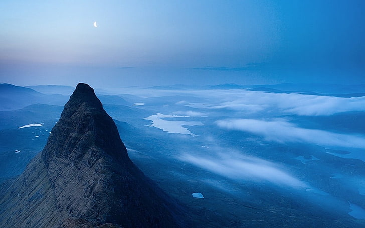 grauer berg, beschaffenheit, landschaft, tal, berge, nebel, mond, hügel, traurig, HD-Hintergrundbild
