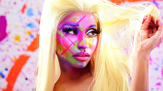Nicki Minaj, cat wajah, pirang, penyanyi, wanita, model, cat tubuh, kayu hitam, Wallpaper HD HD wallpaper