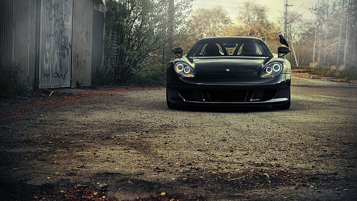 schwarzes Coupé, Porsche Carrera GT, Auto, Porsche, Kies, schwarz, grau, schwarze Autos, Krähe, HD-Hintergrundbild