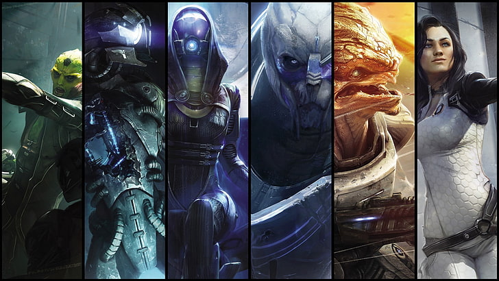 illustration de collage de personnages variés, Mass Effect, Mass Effect 2, Thane Krios, Légion, Tali'Zorah, Garrus Vakarian, Miranda Lawson, Jeux vidéos, personnages de jeux vidéo, pourpre, bleu, espace, commandant Shepard, collage, Fond d'écran HD