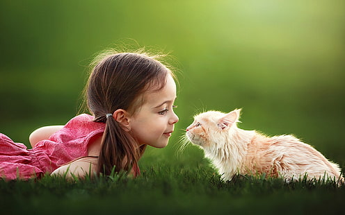 vestito senza maniche rosso della ragazza, bambini, gatto, erba, bokeh, Sfondo HD HD wallpaper
