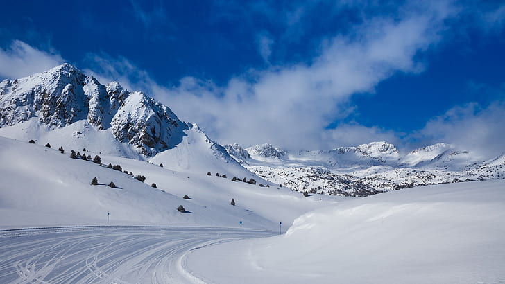 природа, пейзаж, зима, сняг, облаци, Солдеу, Андора, планини, пътека, ски, снежен връх, HD тапет