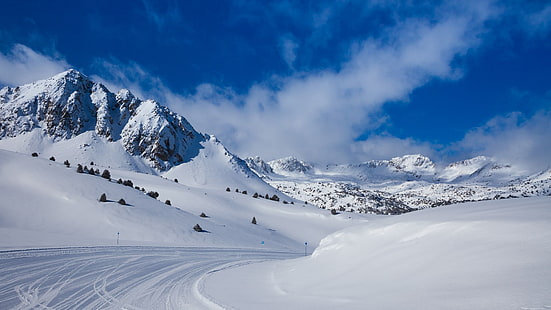 doğa, peyzaj, kış, kar, Bulutlar, Soldeu, Andorra, Dağlar, Yol, Kayak, Karlı tepe, HD masaüstü duvar kağıdı HD wallpaper