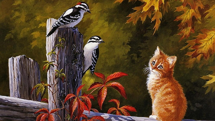 fauna, pintura, pájaro, art, gato, pico, fauna silvestre, pintura acrilica, gatito, otoño, pájaros, estado de ánimo, Fondo de pantalla HD