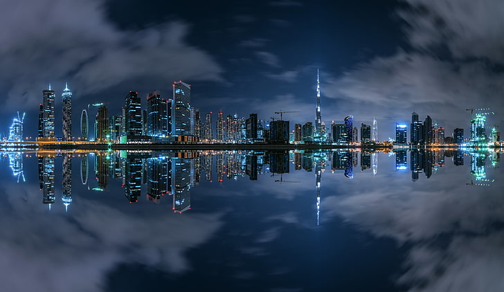 bangunan beton hitam, perkotaan, danau, lanskap kota, Dubai, Uni Emirat Arab, Wallpaper HD