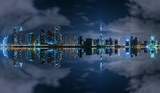 budynek z czarnego betonu, miejski, jezioro, pejzaż, Dubaj, Zjednoczone Emiraty Arabskie, Tapety HD HD wallpaper