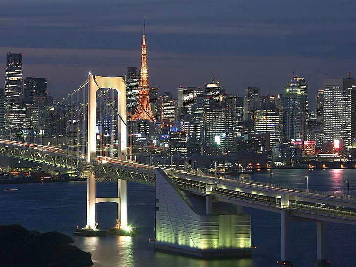 Bridges, Rainbow Bridge, City, Tokyo, HD wallpaper