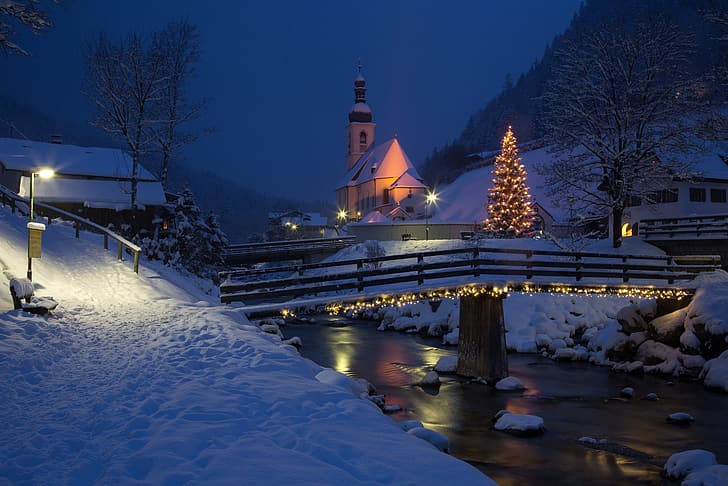 зима, снег, пейзаж, ночь, мост, природа, река, Рождество, Австрия, освещение, фары, Церковь, дерево, Рамзау, Вальтер Хирцингер, сообщество, HD обои