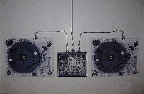 dwa biało-czarne gramofony, DJ, miksery, muzyka, gramofon, Tapety HD HD wallpaper