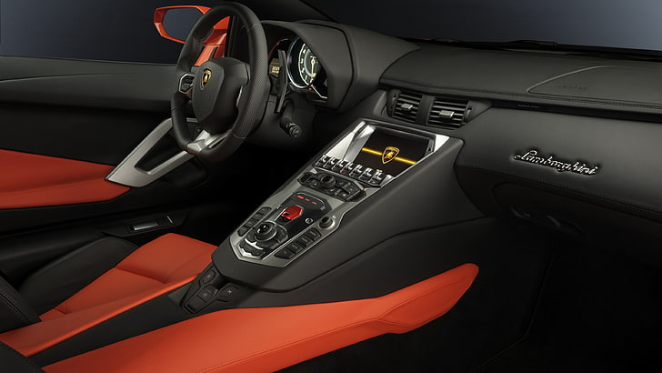 Dasbor kendaraan hitam dan oranye, Lamborghini Aventador, supercar, interior, Lamborghini, mobil mewah, mobil sport, merah, test drive, beli, sewa, Wallpaper HD