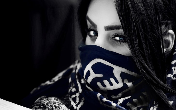 grayscale photography of woman wearing scarf, ann, armenia, eyes, face, gothic, mask, models, pov, selective, HD wallpaper