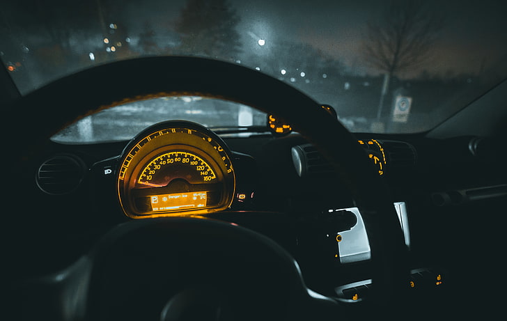 black steering wheel and cluster gauge, speedometer, car, steering wheel, night, HD wallpaper