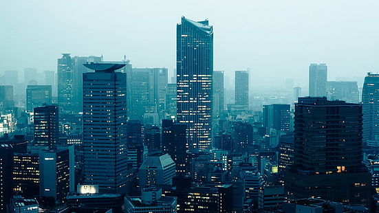 Tokyo, Japon, Akasaka District, paysage urbain, paysage nocturne, cyan, ville, turquoise, Fond d'écran HD HD wallpaper