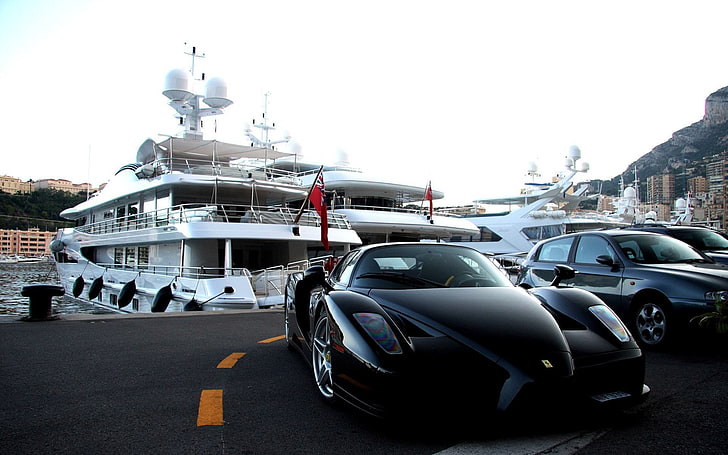 Monaco, Ferrari, yachts, Enzo Ferrari, boat, city, vehicle, car, sea, yacht, road, Ferrari Enzo, black, HD wallpaper