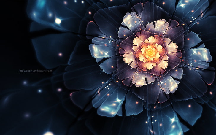 blue and yellow digital flower wallpaper, flower, fractals, The Scent of the Night, HD wallpaper