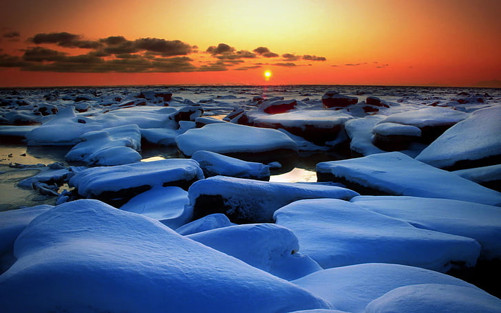 Winter Snow Horizon, pile of stones, Nature, Winter, ice cube, sunrise, snow, HD wallpaper