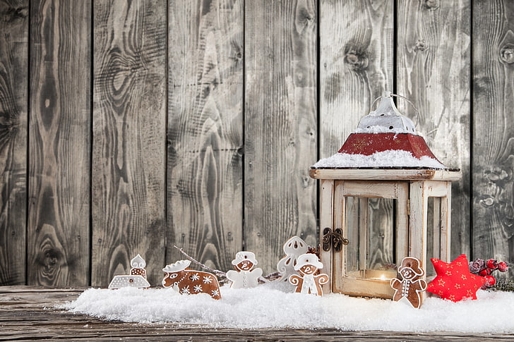 coklat lentera lilin kayu, musim dingin, salju, Tahun Baru, Natal, cahaya, Natal, dekorasi, lilin, lentera, Selamat, Wallpaper HD