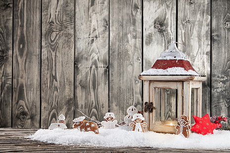 coklat lentera lilin kayu, musim dingin, salju, Tahun Baru, Natal, cahaya, Natal, dekorasi, lilin, lentera, Selamat, Wallpaper HD HD wallpaper