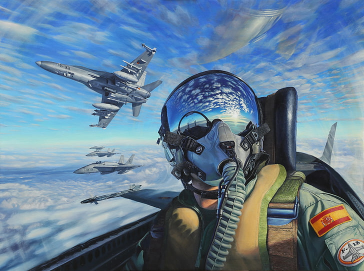 ilustracja pilota odrzutowego, szary myśliwiec odrzutowy, wojskowy, samoloty wojskowe, Hiszpania, flaga, F / A-18 Hornet, dzieło sztuki, pilot, hełm, chmury, kokpit, latanie, malowanie, odbicie, samolot, Tapety HD