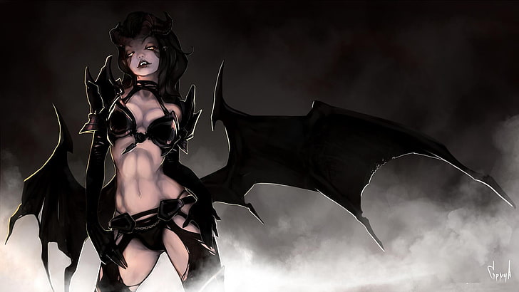 женский игровой персонаж, взгляд, крылья, арт, рога, демоница, суккуб, дота 2, Queen Of Pain, HD обои