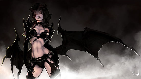 female game character, look, wings, art, horns, demoness, succubus, dota 2, Queen Of Pain, HD wallpaper HD wallpaper