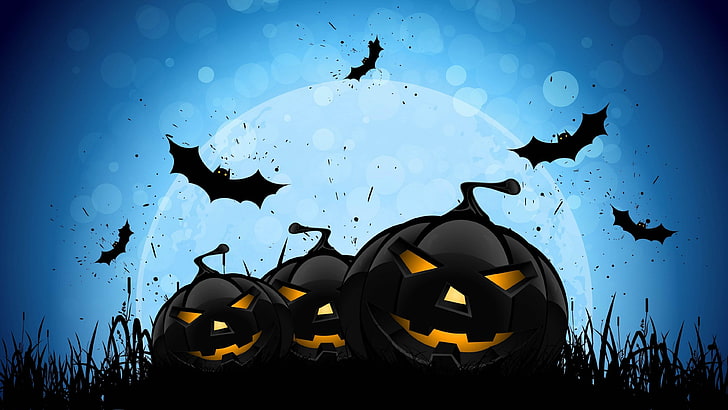 halloween, pumpkins, bats, creepy, night, moon, bat, pumpkin, jack o lantern, illustration, darkness, graphics, art, HD wallpaper