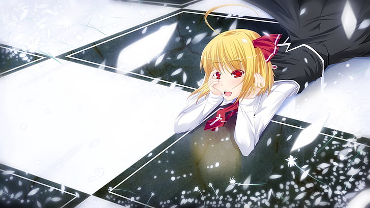 blonde-haired female anime character, touhou, rumia, girl, blond, tie, posture, floor, HD wallpaper