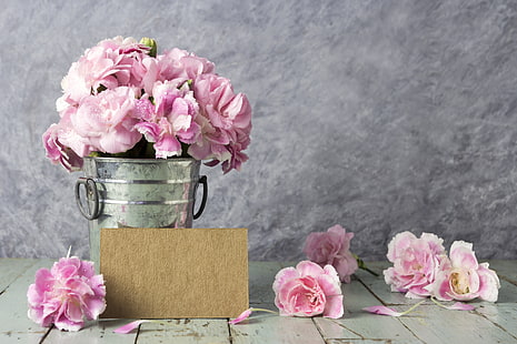 blommor, kronblad, hink, rosa, vintage, trä, vacker, romantisk, HD tapet HD wallpaper