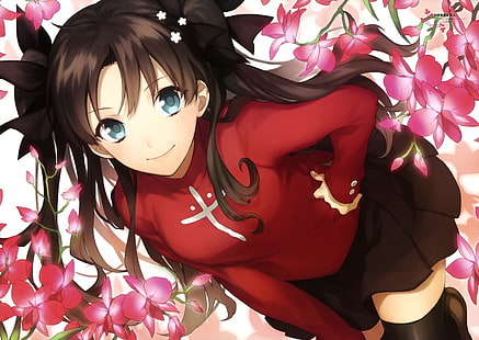 Fate Stay Night Rin, Fate Series, anime, Type-Moon, Tohsaka Rin, flowers, HD wallpaper HD wallpaper