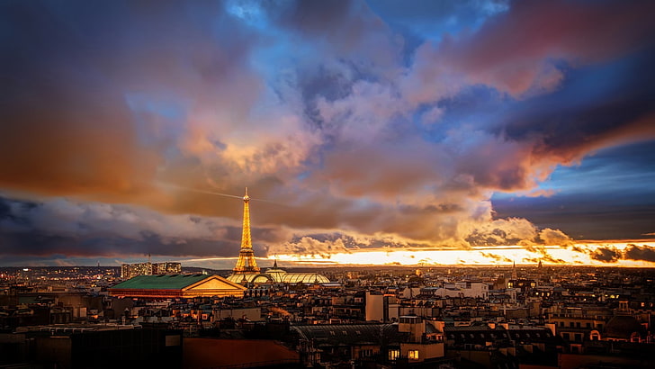 Wieża Eiffla, Paryż, pejzaż miejski, miasto, budynek, Wieża Eiffla, Paryż, niebo, światła, Tapety HD