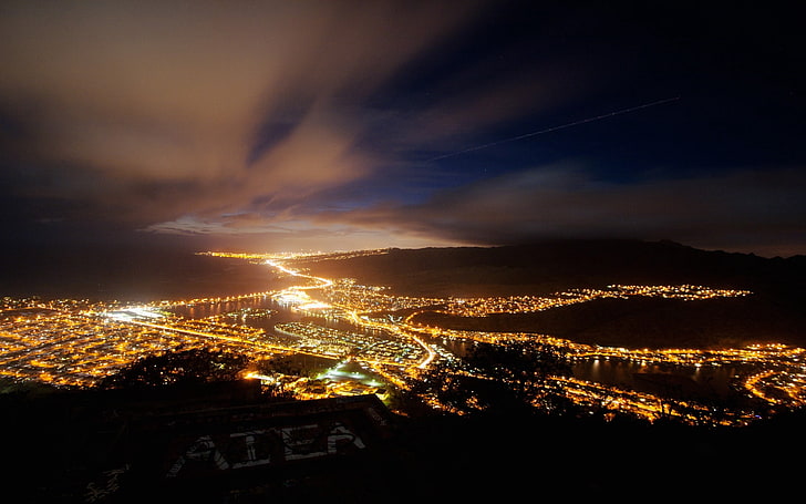 światła miasta, miasto, noc, światła, widok z góry, niebo, Tapety HD