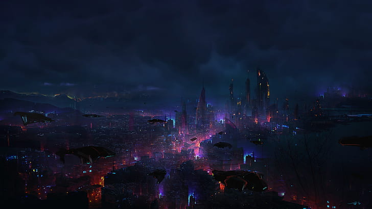 dunkle, futuristische Stadt, digitale Kunst, Science Fiction, Eric Lee, HD-Hintergrundbild