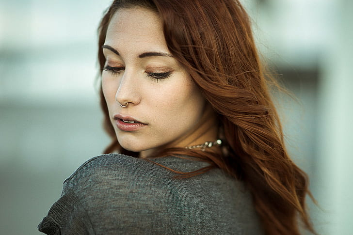 Victoria Ryzhevolosaya, women, model, redhead, nose rings, face, portrait, HD wallpaper