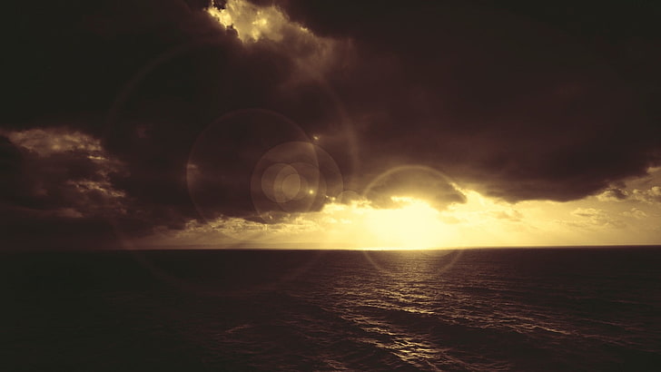 Gewässer Wallpaper, Himmel, Sonne, Wolken, Meer, Sonnenuntergang, Lens Flare, HD-Hintergrundbild